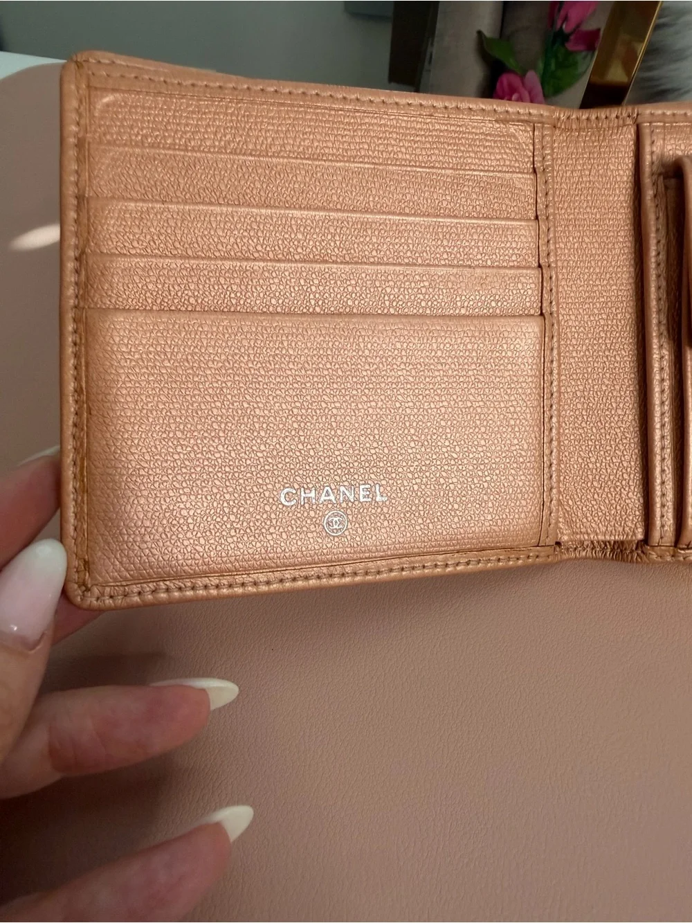 Chanel Vintage Caviar Leather CC Button Bifold Wallet Metallic Pink Salmon Peach